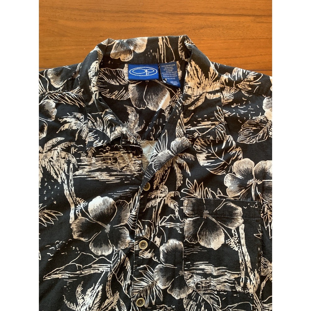Vintage Ocean Pacific OP Hawaiian Shirt Mens 2XL Black Rayon 90s Y2K Floral